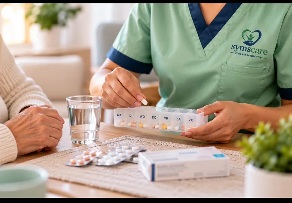 Sfeerbeeld van ondersteuning bij medicatie aan de keukentafel