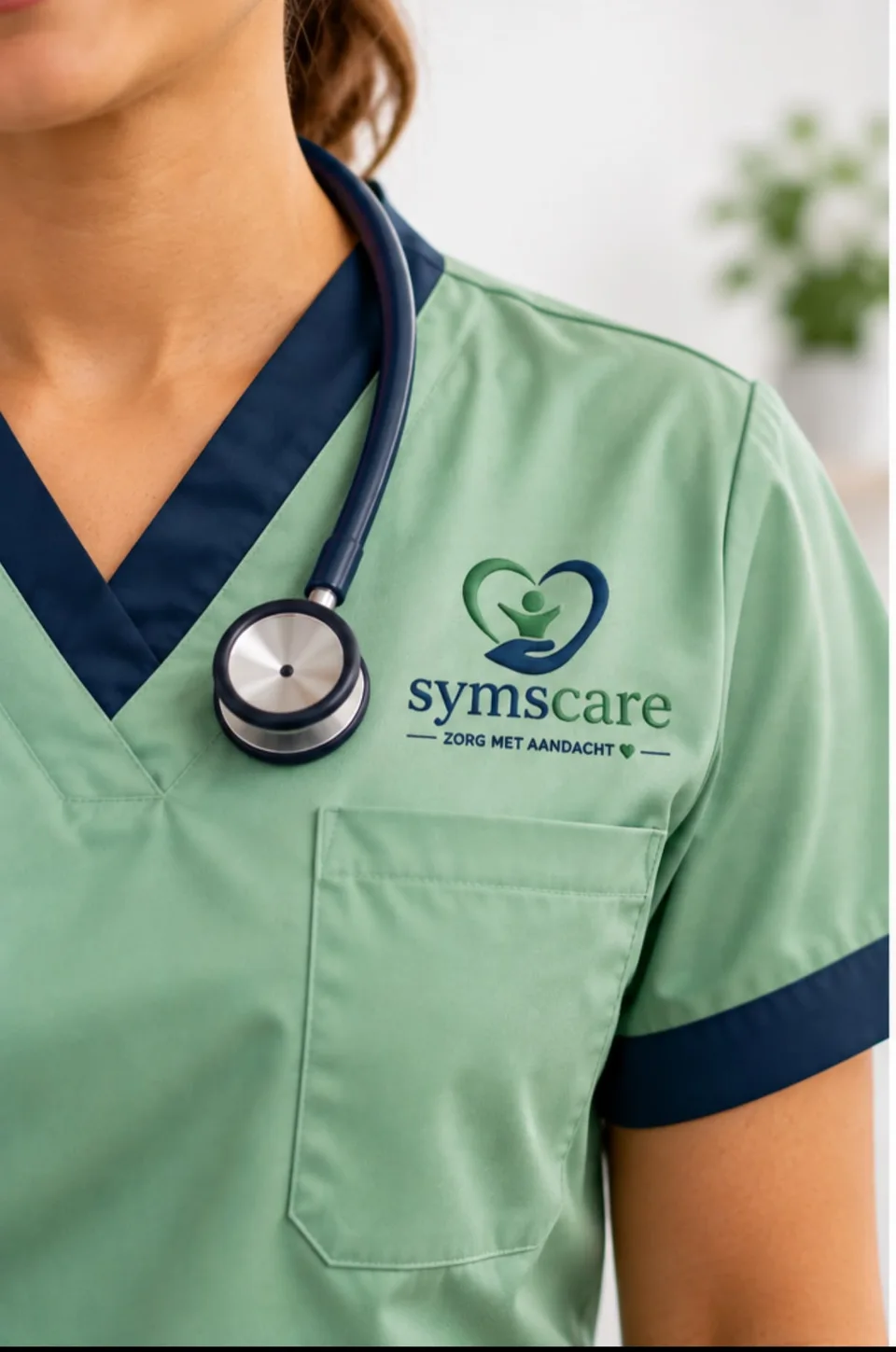 Sfeerbeeld van groene zorgkleding met het Symscare-logo en een stethoscoop